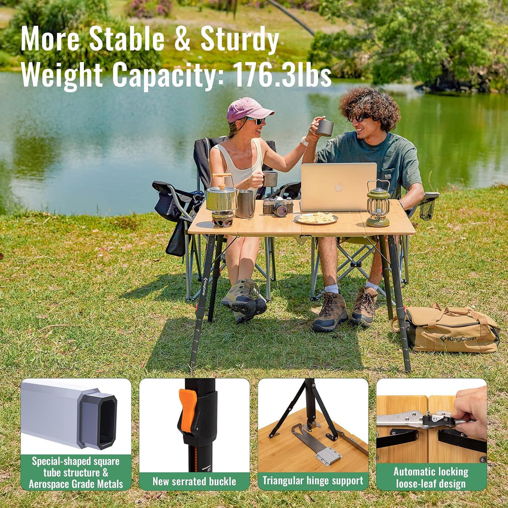 KingCamp Bamboo Folding Camping Table with Adjustable Height