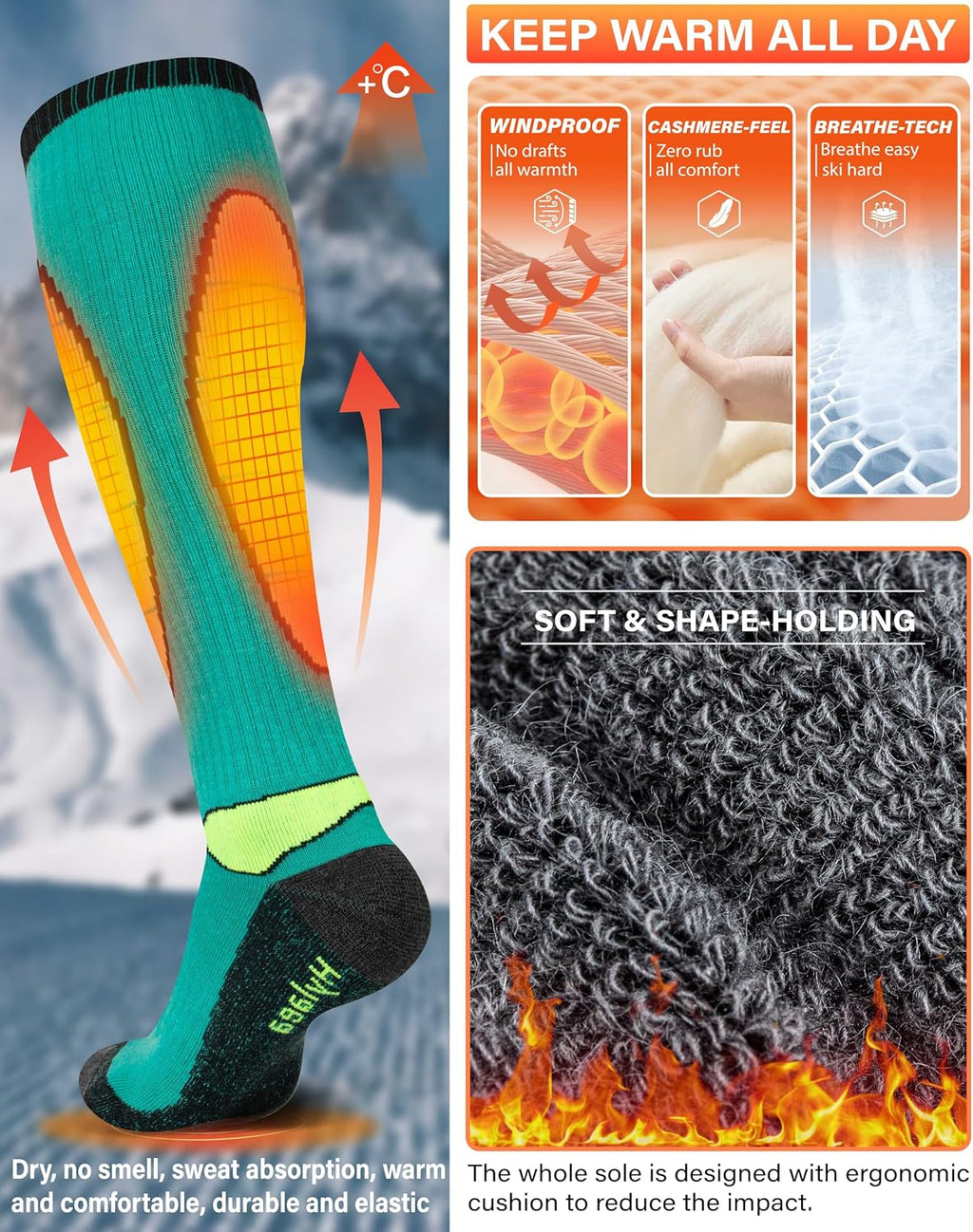 Hylaea Unisex Knee High Merino Wool Ski Snowboard Socks, Cushioning & Warm