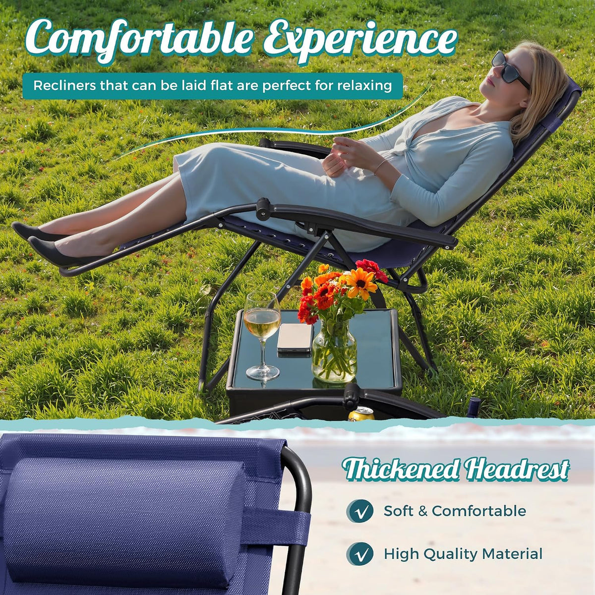 Homall Zero Gravity Chair Patio Folding Lawn Outdoor Lounge Gravity Camp Reclining Lounge Chair with Cup Holder Pillows for Poolside Backyard and Beach Set of 2 (Blue)