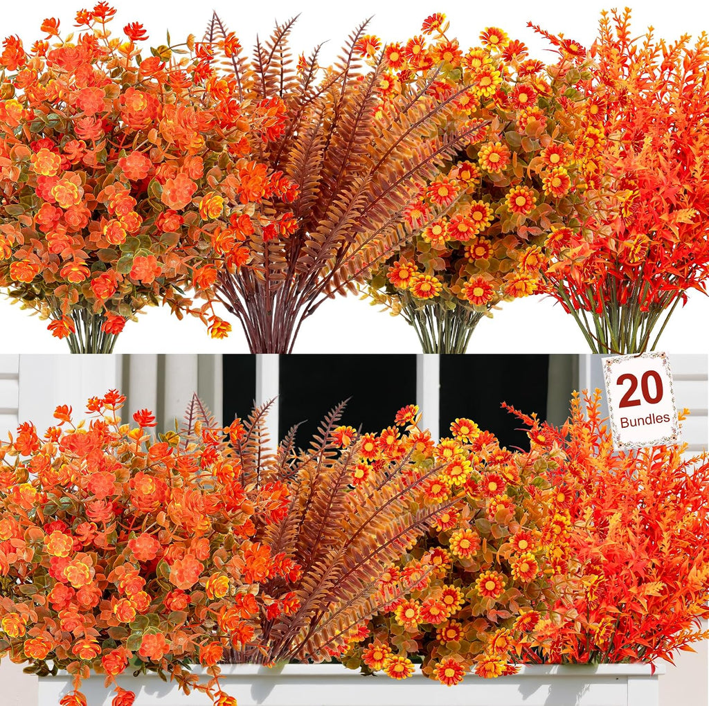 20 Pcs Artificial Fall Flowers for Outdoor Fake Mums Plastic Plants