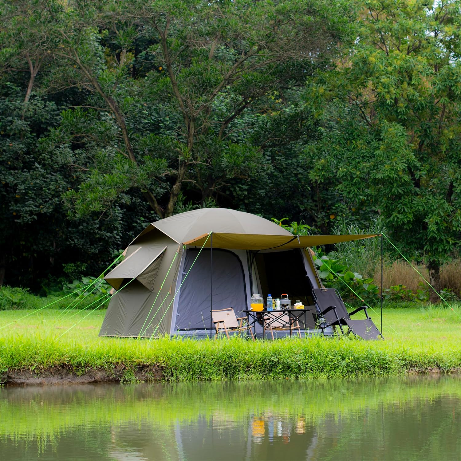 Three Bears 6-Person Tent, 3000mm Waterproof Double-Layer Tent with Room Dividers, Family Tent with Color-Coded Connection Buckles, Front and Rear Vestibules Can Be Set Up as Sunshade Canopies