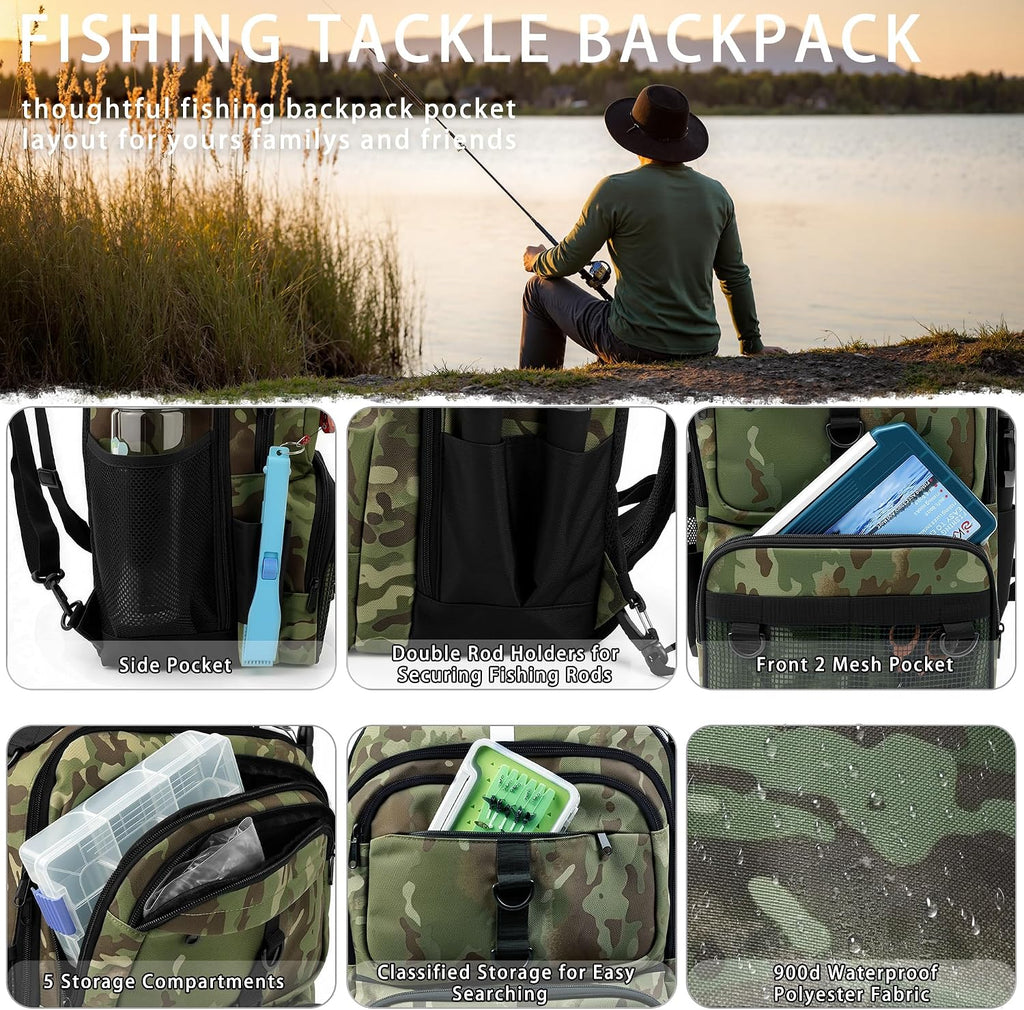 Fishing Backpack with Tackle Boxes and Rod Holder, Fish Lure Kit and Tool