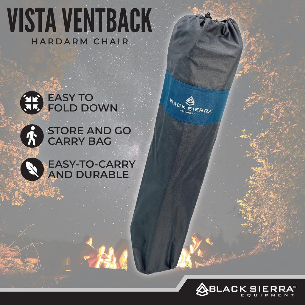 Black Sierra Ventilated Camping Chair, Breathable Mesh Back Folding Seat with Padded Armrests, Lightweight, Portable with Cup Holder & Carry Bag for Outdoors, Beach, Sports, Lawn, Picnic