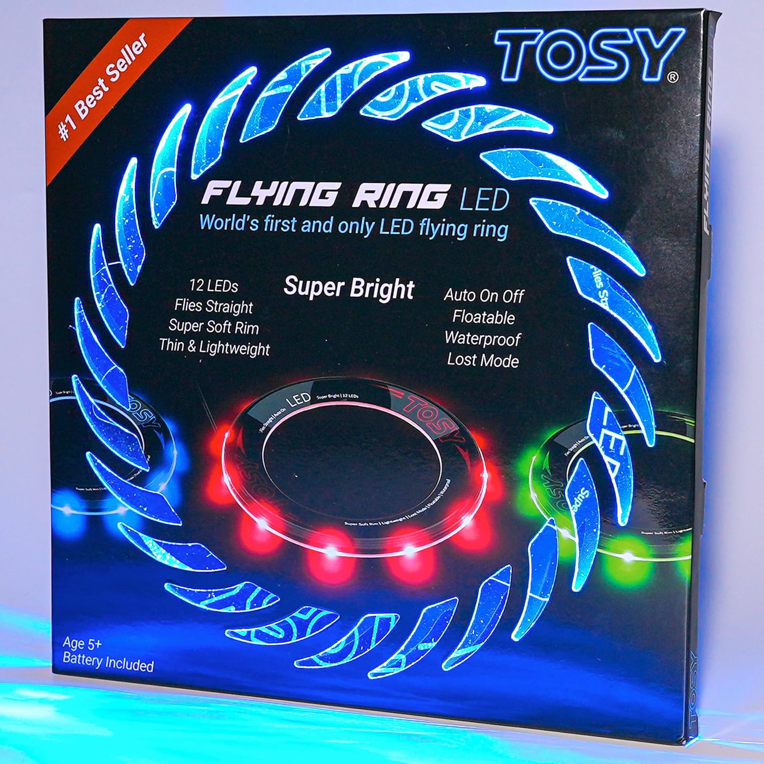 TOSY Flying Ring - 36 RGB Multicolor or 12 Monocolor LEDs, Super Bright, Lost Mode, Auto Light Up, Camping Essentials for Kid/Teen/Boy/Girl, Safe & Soft, Waterproof, Pool/Beach Games, Lightweight Toy