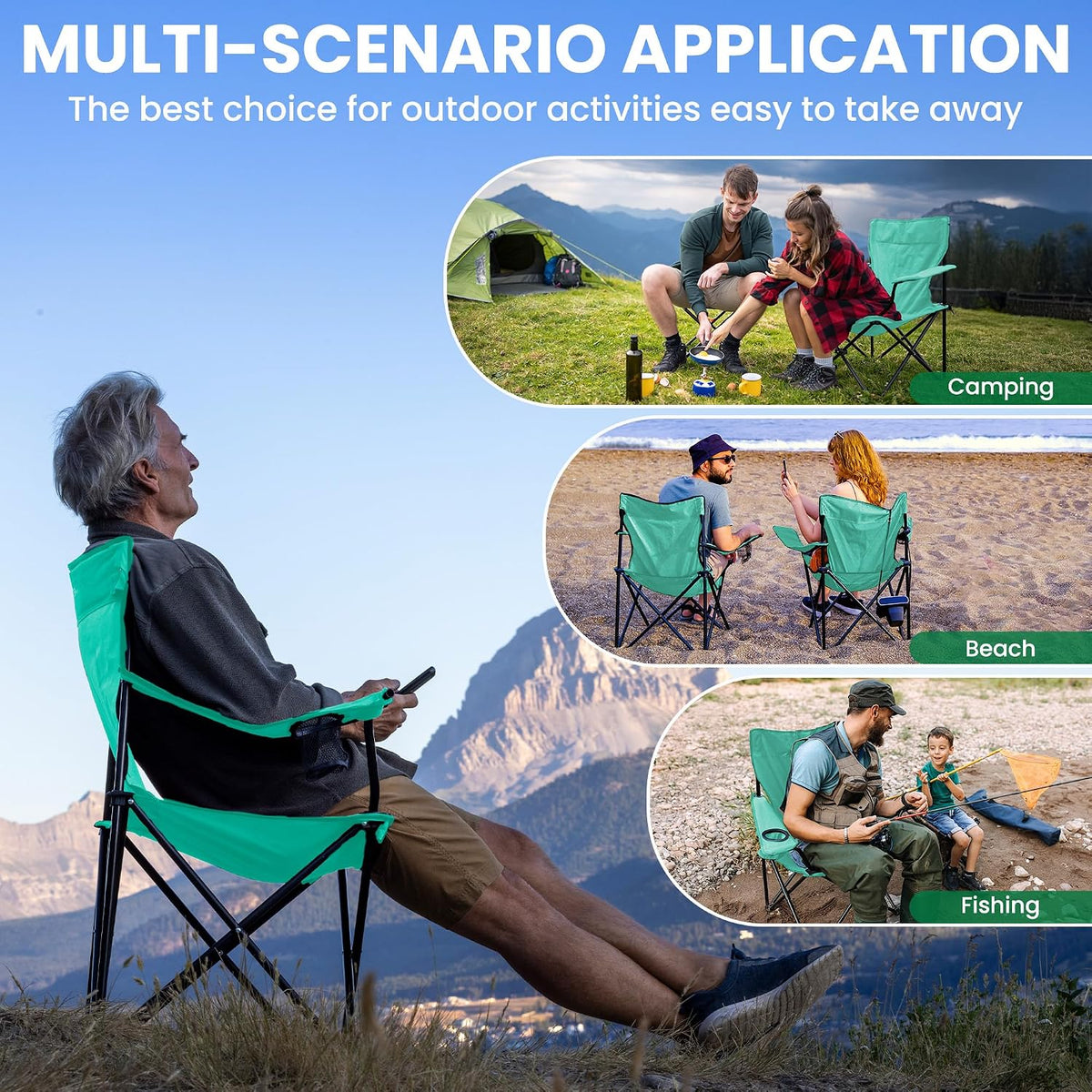 4 Pack Folding Camping Chairs for Outdoor, Foldable Portable Lawn Chairs with Carry Bag & Cup Holder, Compact Design for Camp, Beach, Picnics, and Fishing Supports 300LBS（Blue）