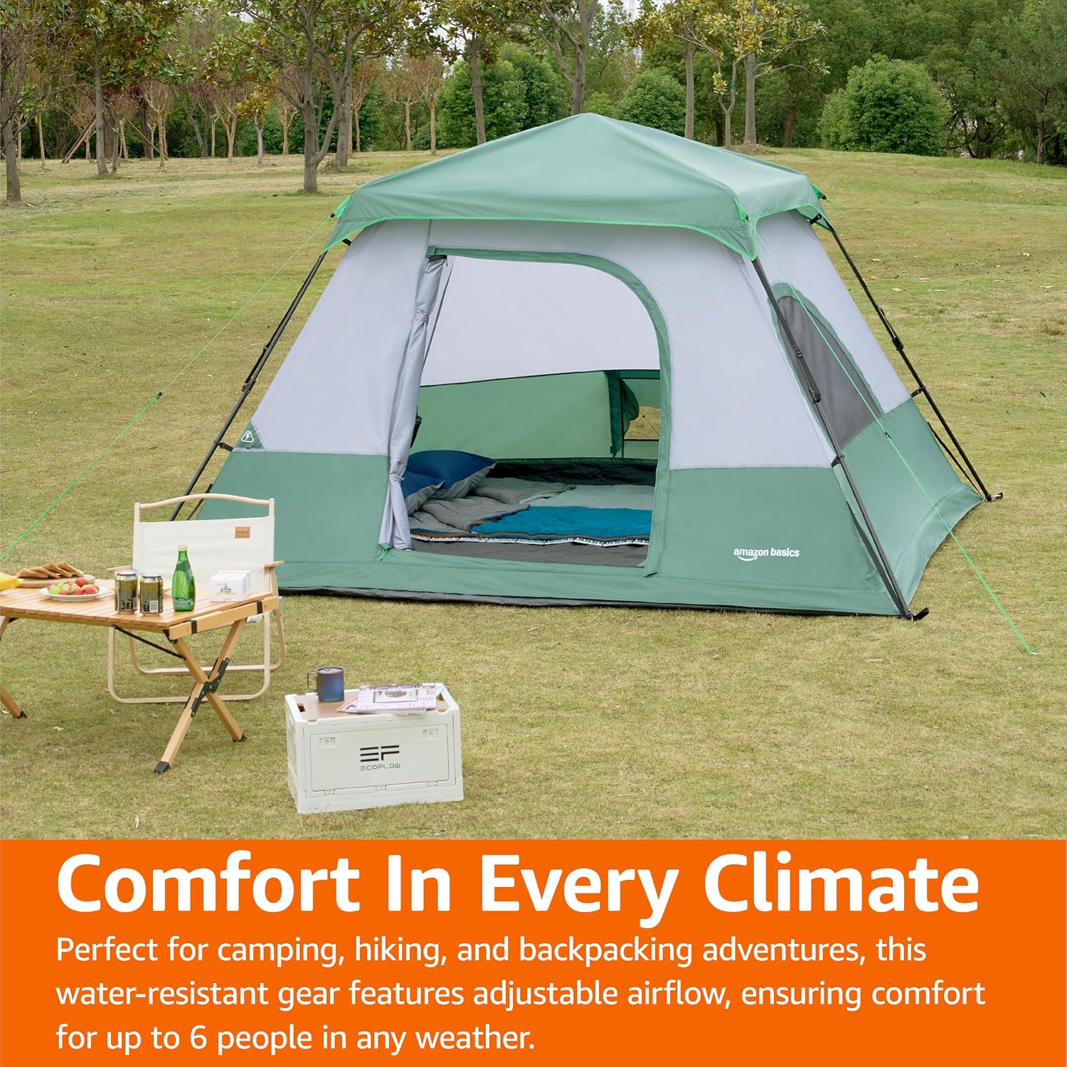 Amazon Basics Instant Camping Tent with Rainfly, Weather-Resistant, Quick Setup