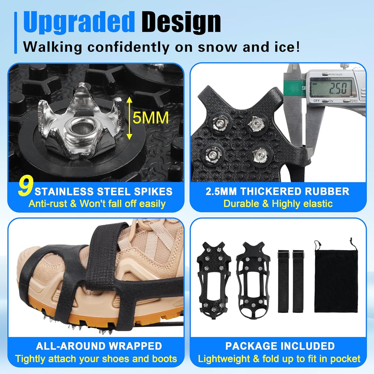 Ice Snow Cleats for Shoes and Boots 9 Studs Crampons Shoe Spikes for Snow and Ice Non-Slip Ice Shoes Grippers with Adjustable Straps Overshoe for Women Men Kids Hiking Walking Ice Fishing