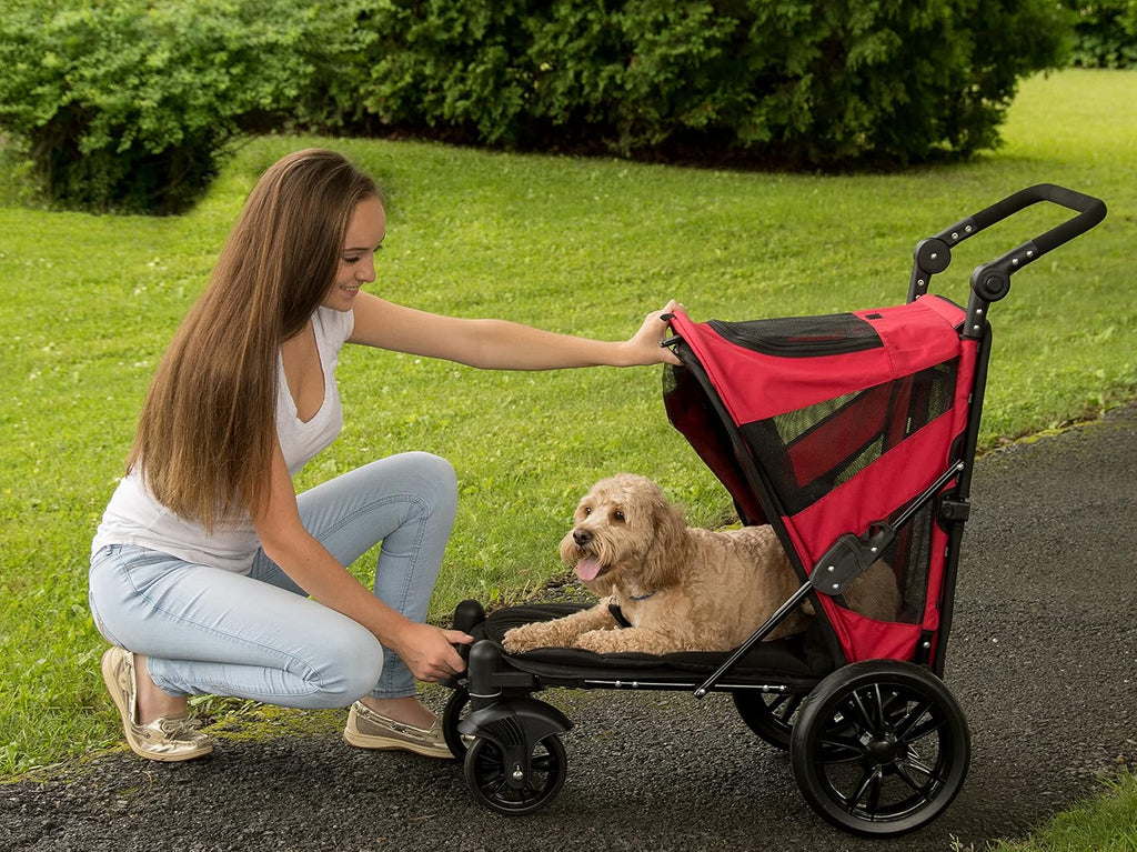Pet Gear NO-Zip Pet Stroller with Dual Entry, Push Button Zipperless Entry for Single or Multiple Dogs/Cats, Pet Can Easily Walk in/Out, No Need to Lift Pet, Gel-Filled Tires