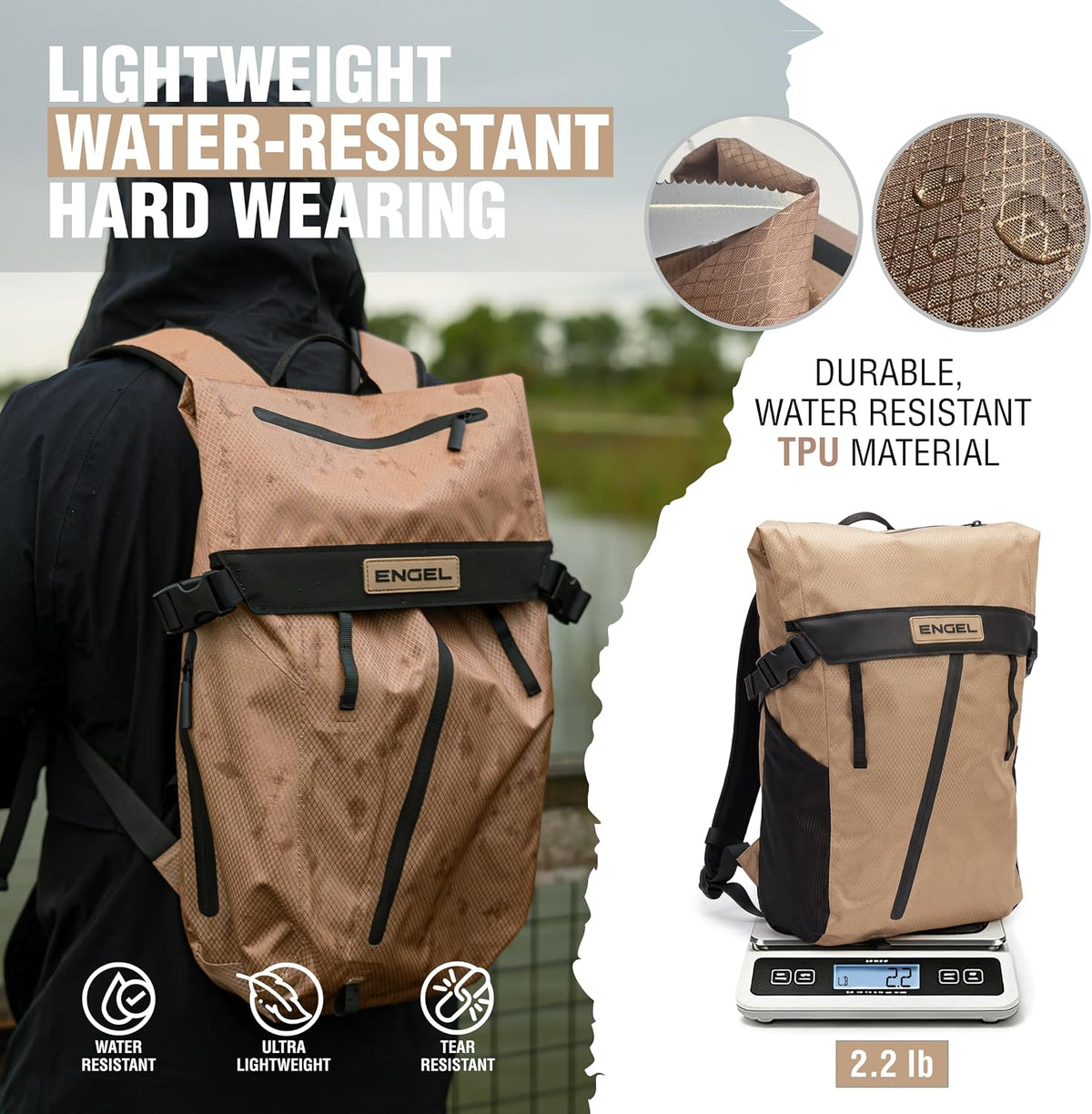 GoBag 20 Quart Lightweight, Easy Access Dry Bag Backpack in Desert Tan