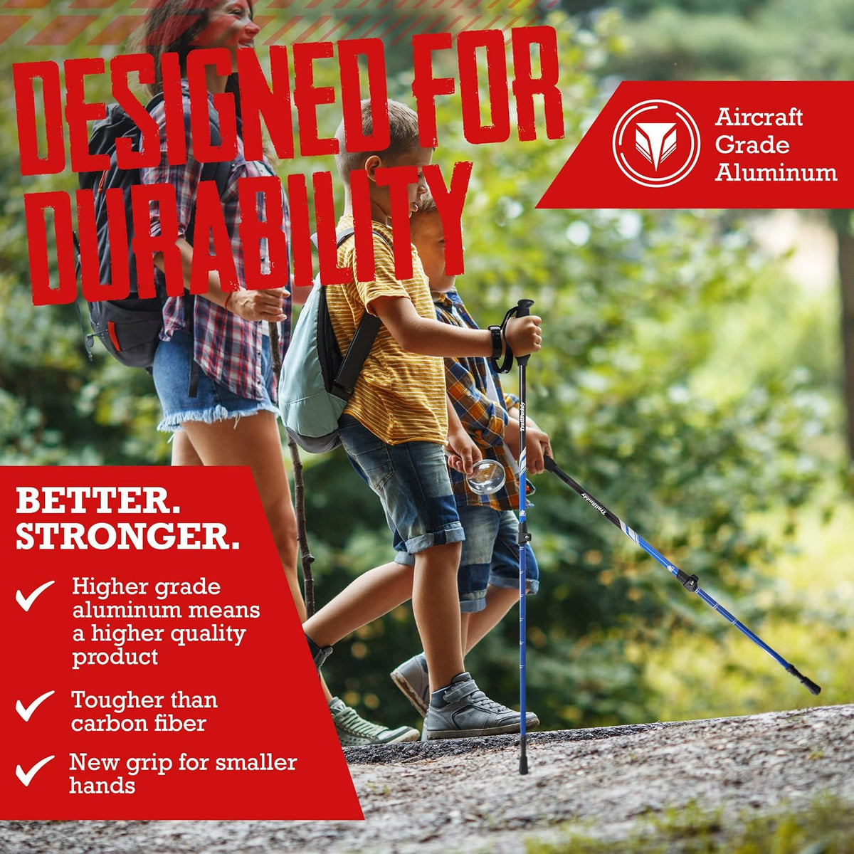 TrailBuddy Collapsible Hiking Poles for Kids - Pack of 2 Trekking Poles for Hiking, Camping & Backpacking - Lightweight, Adjustable Aluminum Walking Sticks with EVA Grip Blue - Junior Size
