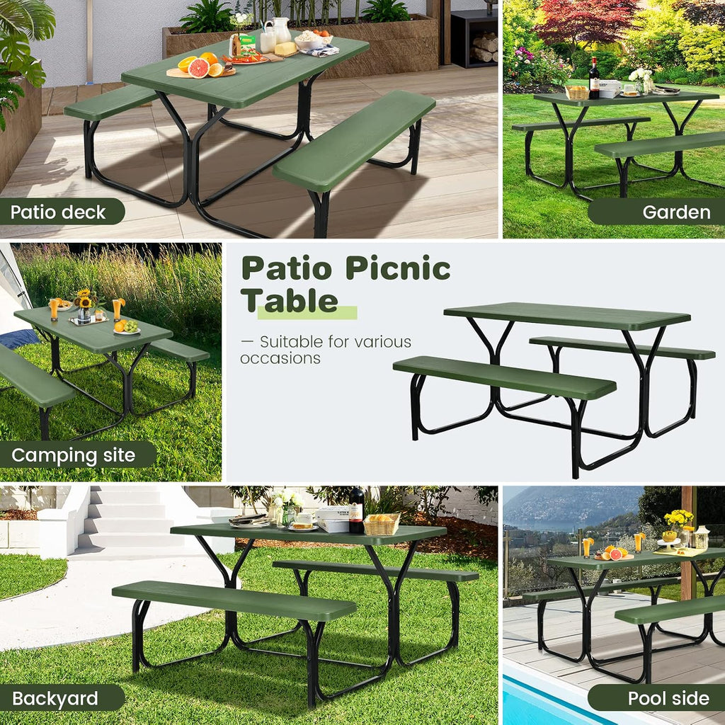 Tangkula Picnic Table Bench Set, Outdoor Picnic Table with 2 Benches, Metal Camping Table with Plastic Wood-Like Texture Tabletop & Steel Frame, Ideal for Picnic, Party, Garden, Lawn (Green)