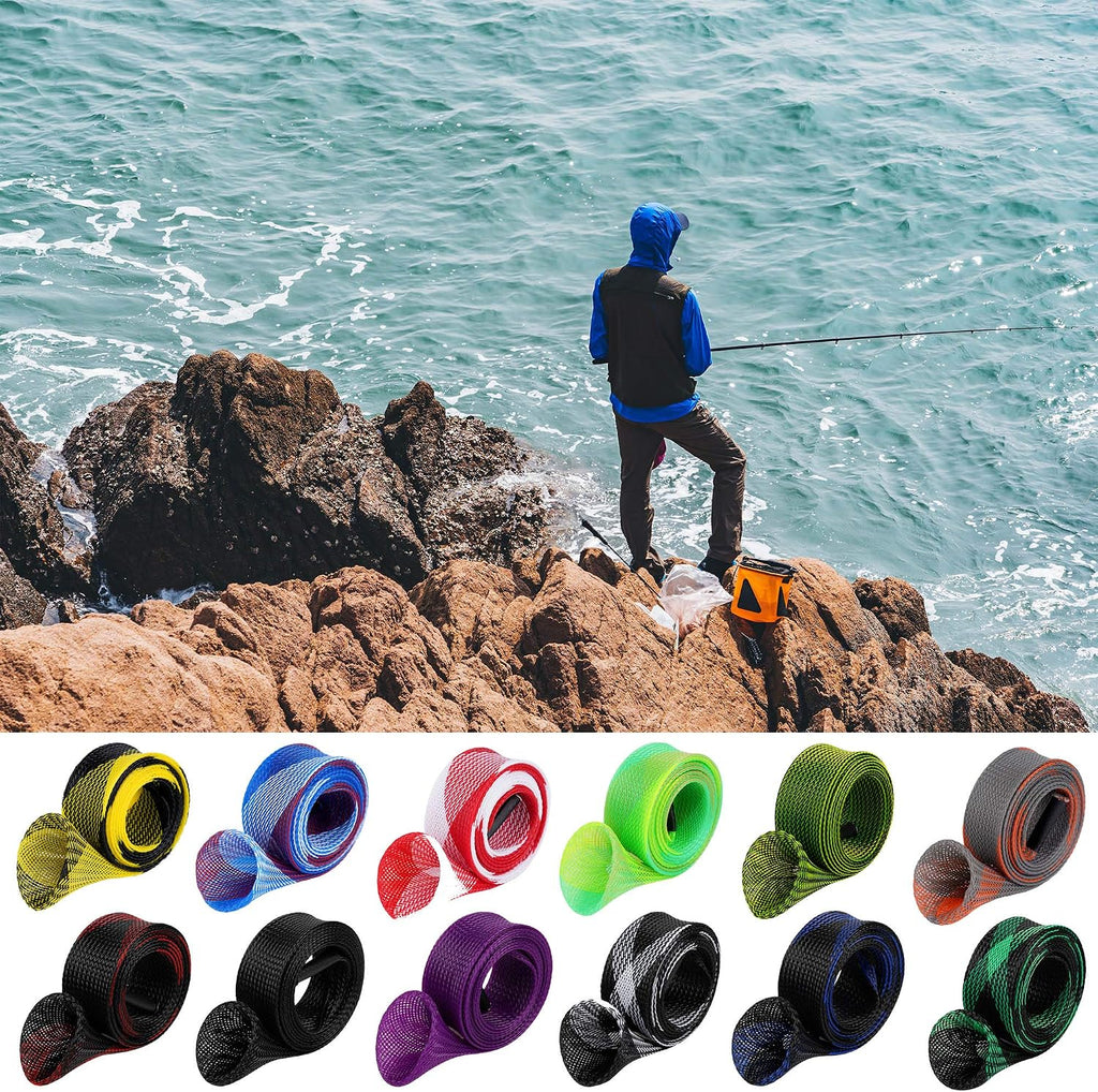 12Pcs Rod Sock Fishing Rod Sleeve, Cover Braided Mesh Rod Protector Pole Gloves Fishing Tools. Flat or Pointed End/Spinning or Casting. for Casting Sea Fishing Rod/Spinning