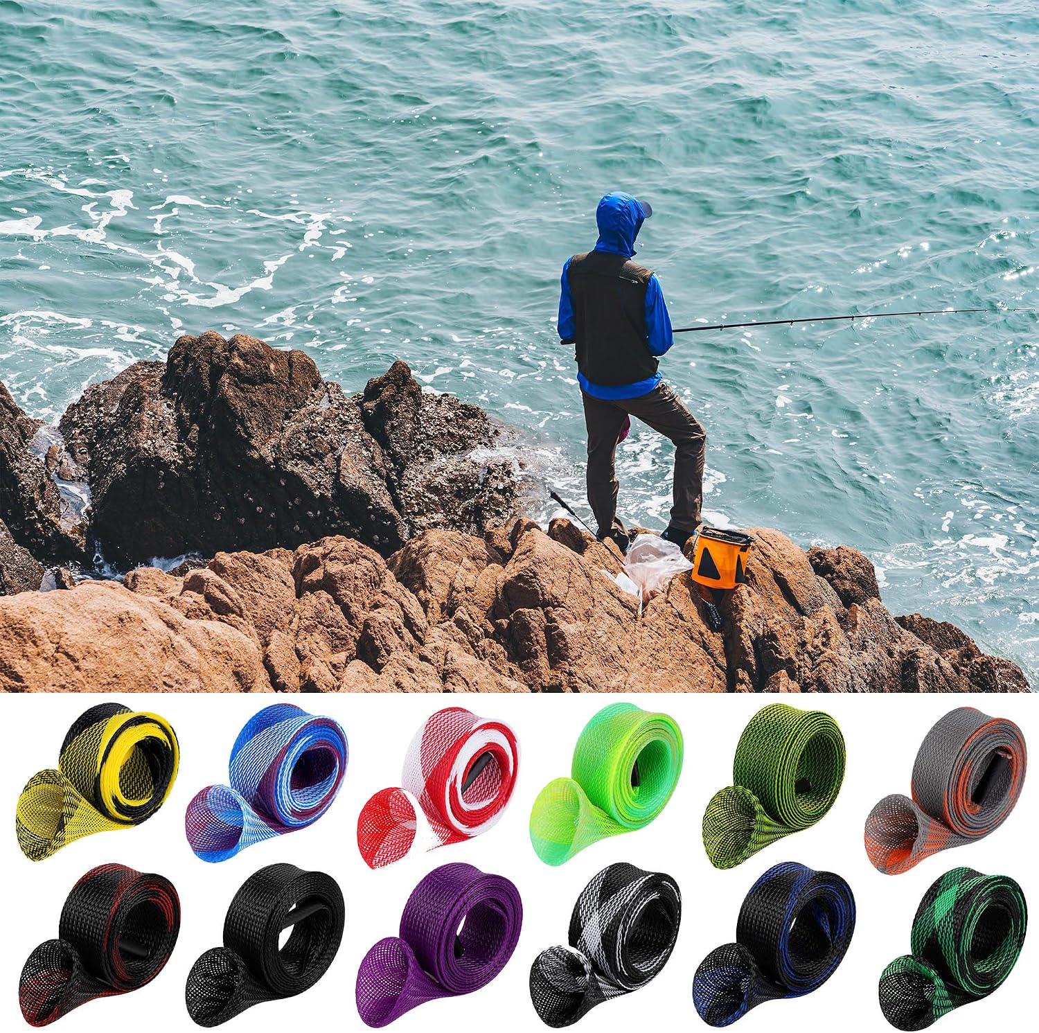 12Pcs Rod Sock Fishing Rod Sleeve, Cover Braided Mesh Rod Protector Pole Gloves Fishing Tools. Flat or Pointed End/Spinning or Casting. for Casting Sea Fishing Rod/Spinning