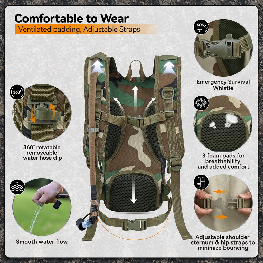 MARCHWAY Tactical Molle Hydration Pack with 2.5L TPU Water Bladder, Low-Profile Organized Military Backpack for Hiking, Cycling, Backpacking, Hunting, Running