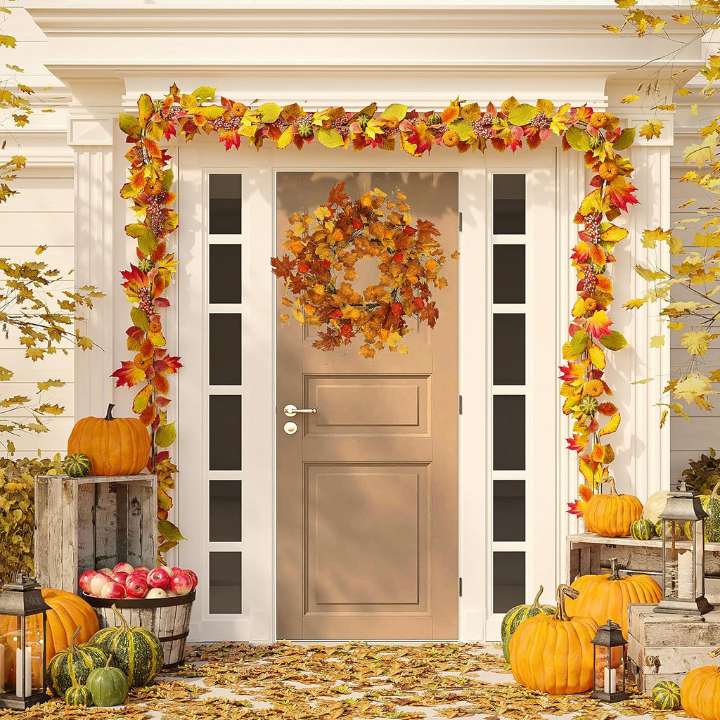 22 inch Artificial Fall Wreath Maple Leaf Wreath for Front Door Home Decor