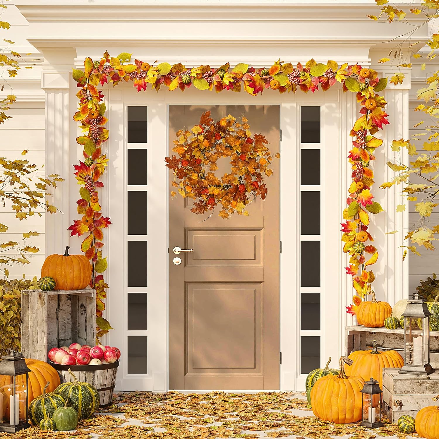 22 inch Artificial Fall Wreath Maple Leaf Wreath for Front Door Home Decor