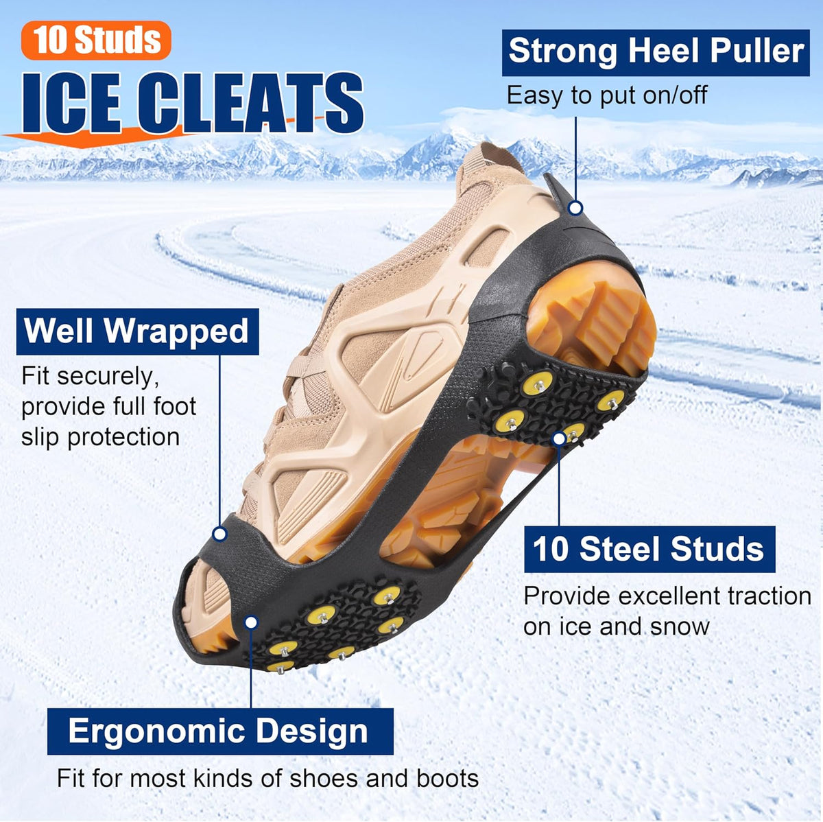 Ice Cleats for Shoes and Boots Ice Snow Grippers Anti-Slip Crampons 10 Studs Traction Cleat for Women Men Kids Hiking Fishing Walking Running Jogging