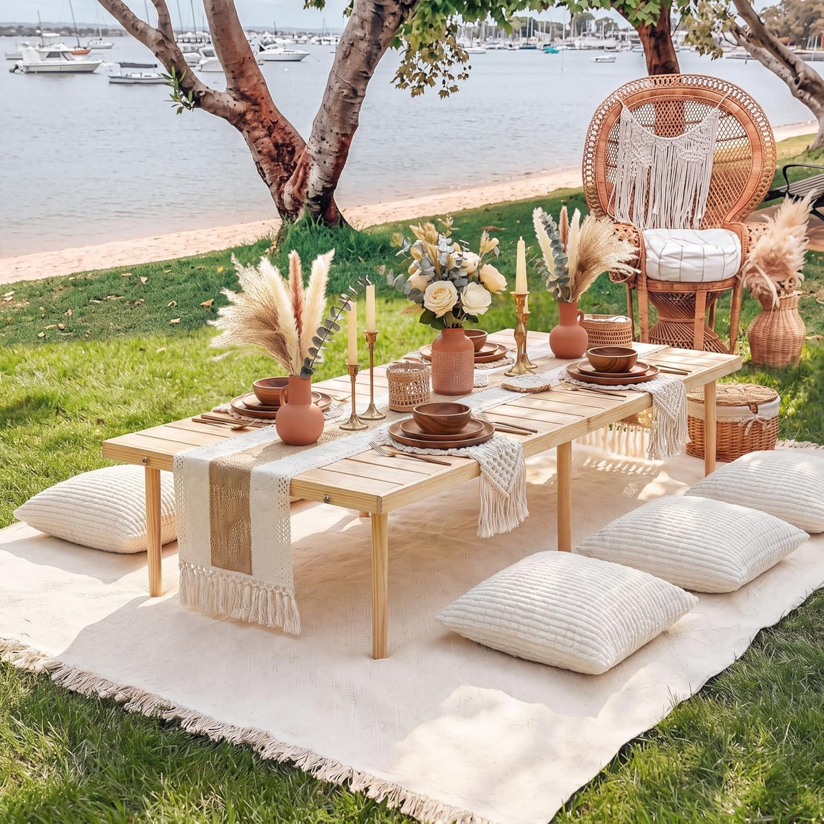 Beeveer 8 Pcs Cream White Picnic Kit, 91x71'' Extra Large Outdoor Boho Picnic Blanket, Low Table Runner, 6 Throw Pillow Cover, Woven Cotton Yarn Oversize Washable Beach Blanket for Camp Wedding Garden
