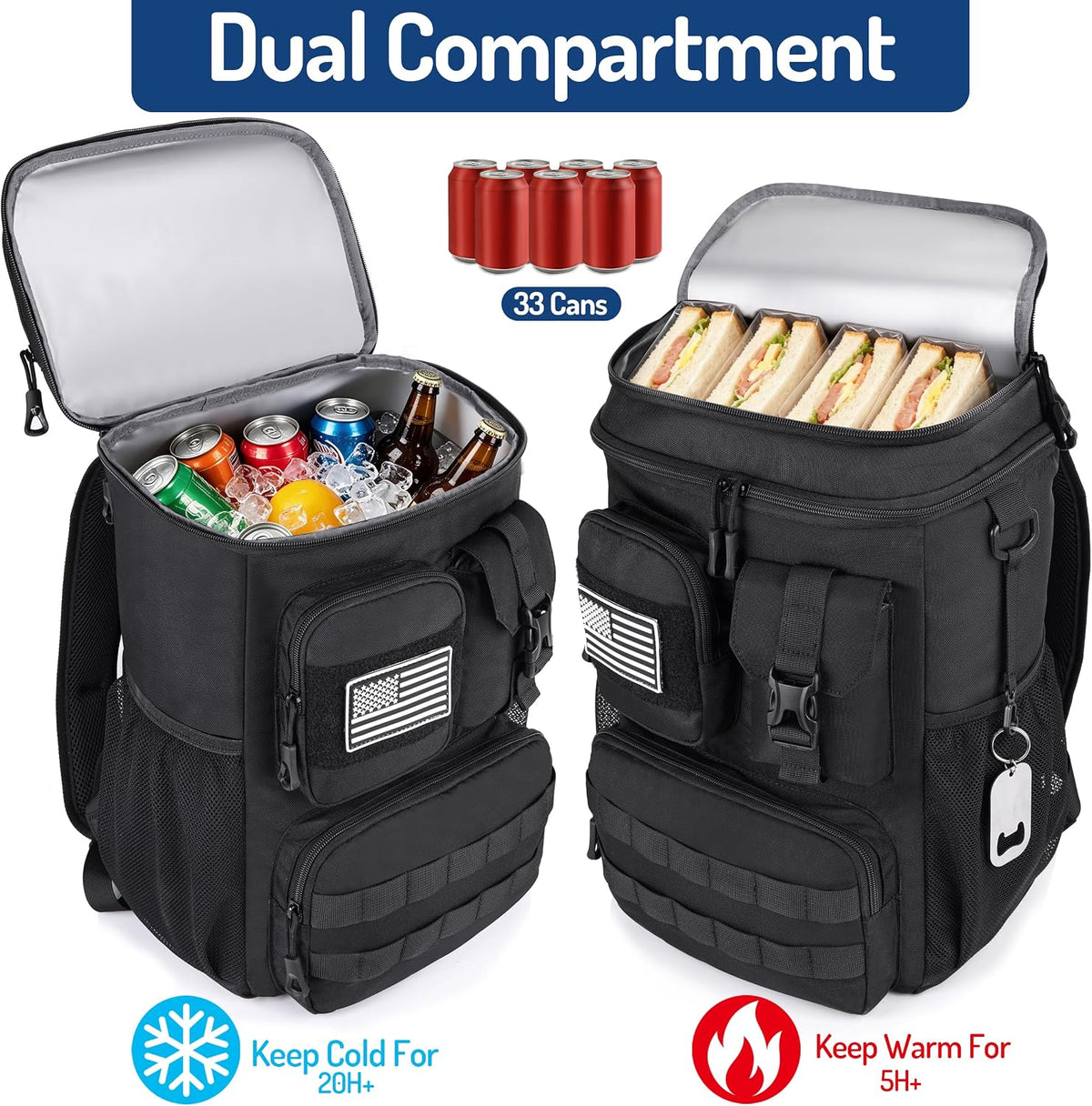 DEYACE Tactical Cooler Backpack, 33 Can 24L 20H Cold Retention Insulated Leak Proof Dual Compartment Cooler Lunch Box Bag with MOLLE System for Camping Hiking Beach Work