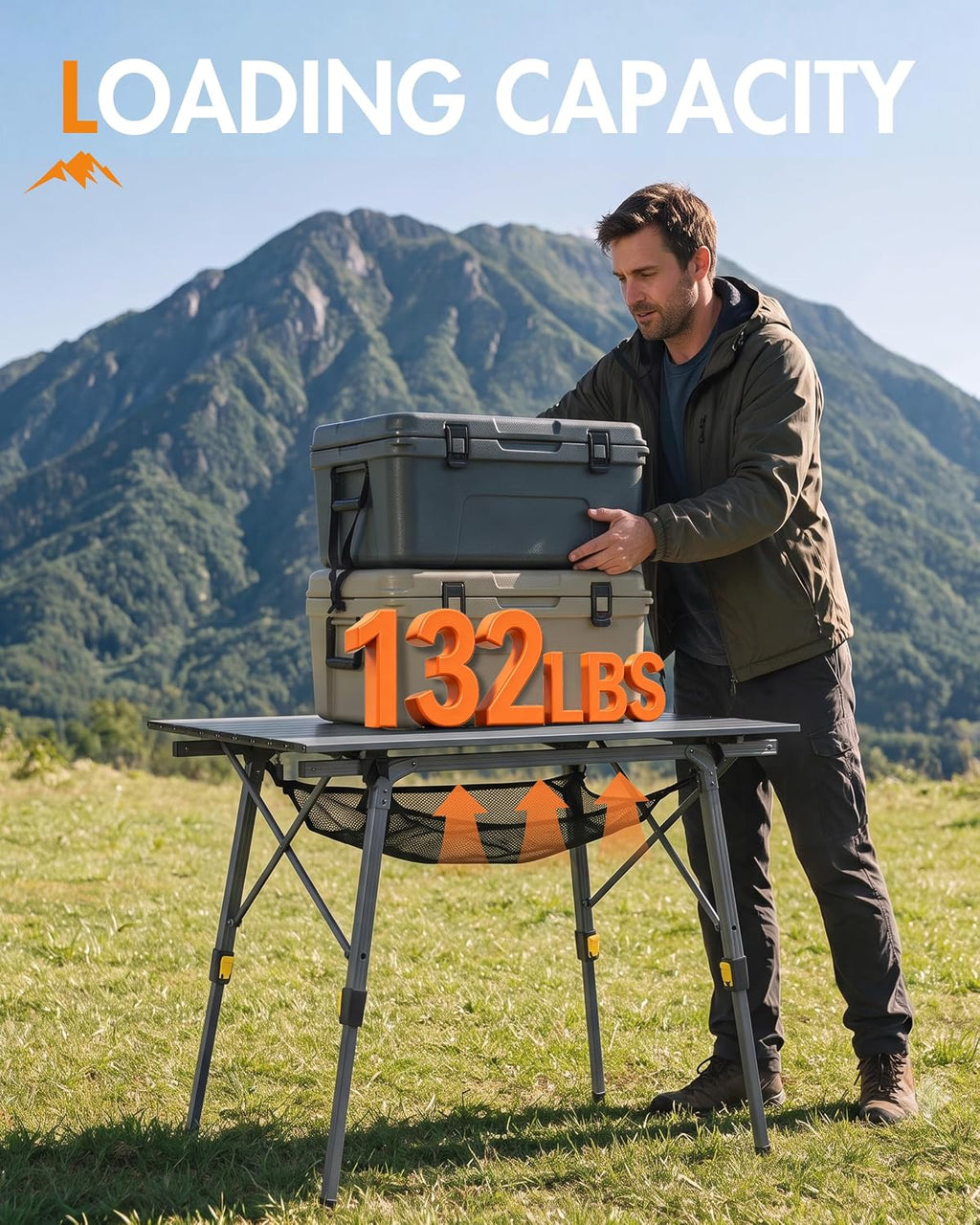 Portal Outdoor Folding Portable Picnic Camping Table with Adjustable Height Aluminum Roll Up Table Top Mesh Layer, Dark Gray