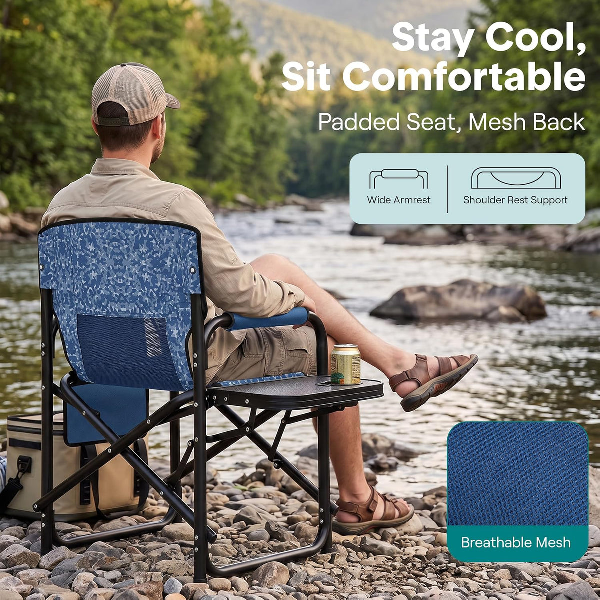 SereneLife Portable Director Chair, Folding Camping Chair with Side Table, Cup Holder & Padded Wide Armrest, 600D Weather-Resistant Fabric, Steel Frame, Carry Bag for Adults, Picnic, Blue Camouflage