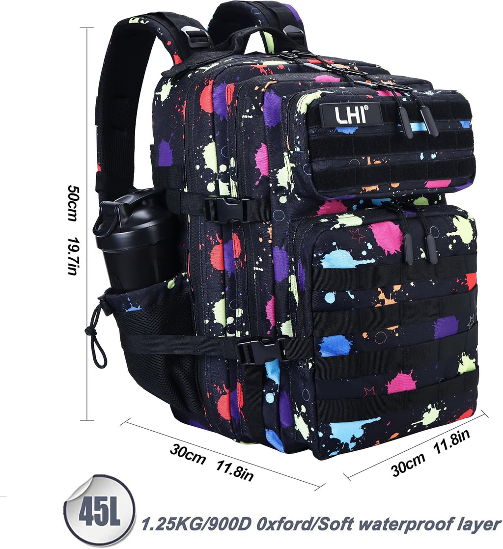 LHI Military Tactical Backpack for Men and Women 45L Army 3 Days Assault Pack Bag Large Rucksack with Molle System Black with multi-color