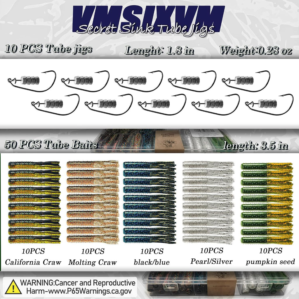 Tube Lures Jig Heads Hooks Tube Baits Worms for Bass Fishing