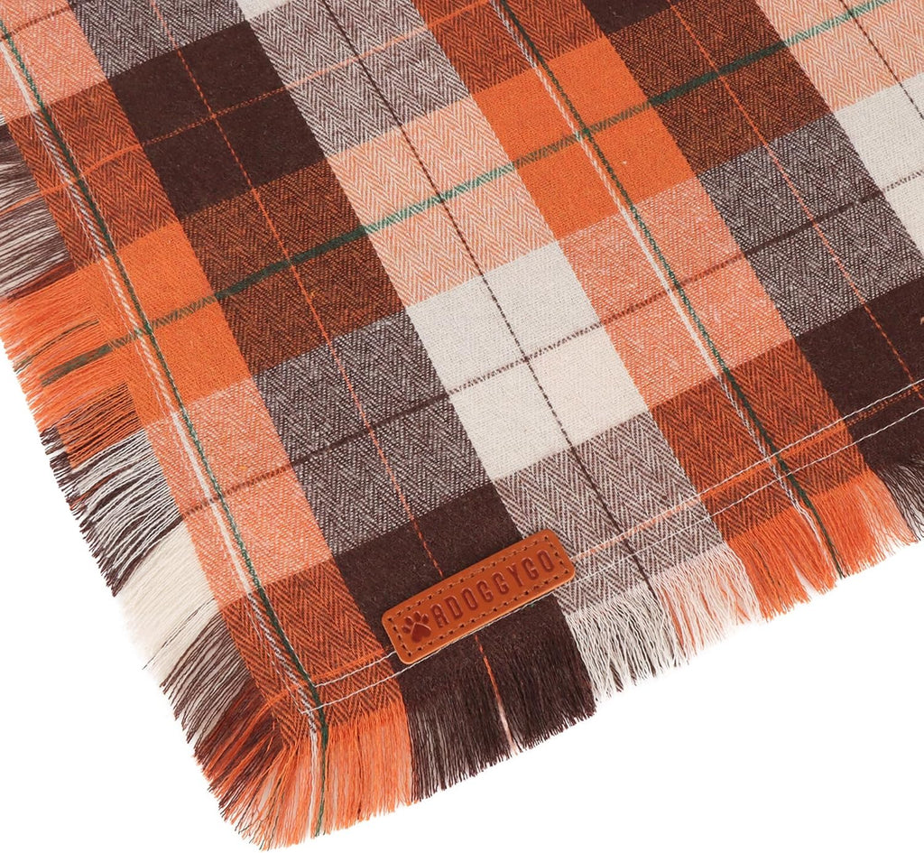 ADOGGYGO Fall Dog Bandana with Tassels Edges, Plaid Thanksgiving Scarf, S