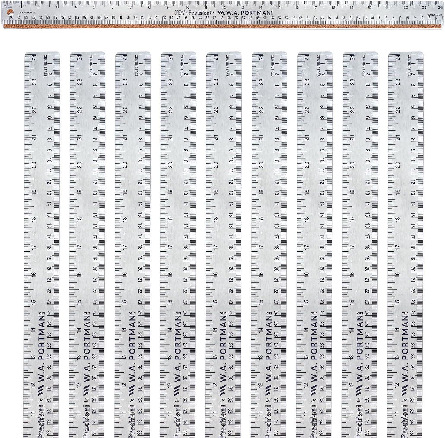 WA Portman Metal Ruler 24'', 10pc Corkback Stainless Steel, Metric Ruler