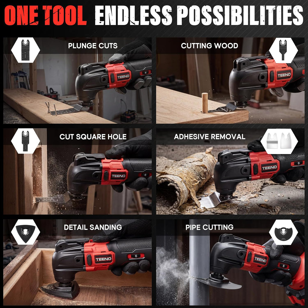 TEENO 20V Cordless Oscillating Tool, 4° Oscillation Angle Oscillating Saw, 6 Variable Speeds with Quick-Lock Change System, 26PCS Multitool Blades & Carrying Bag for DIY Projects