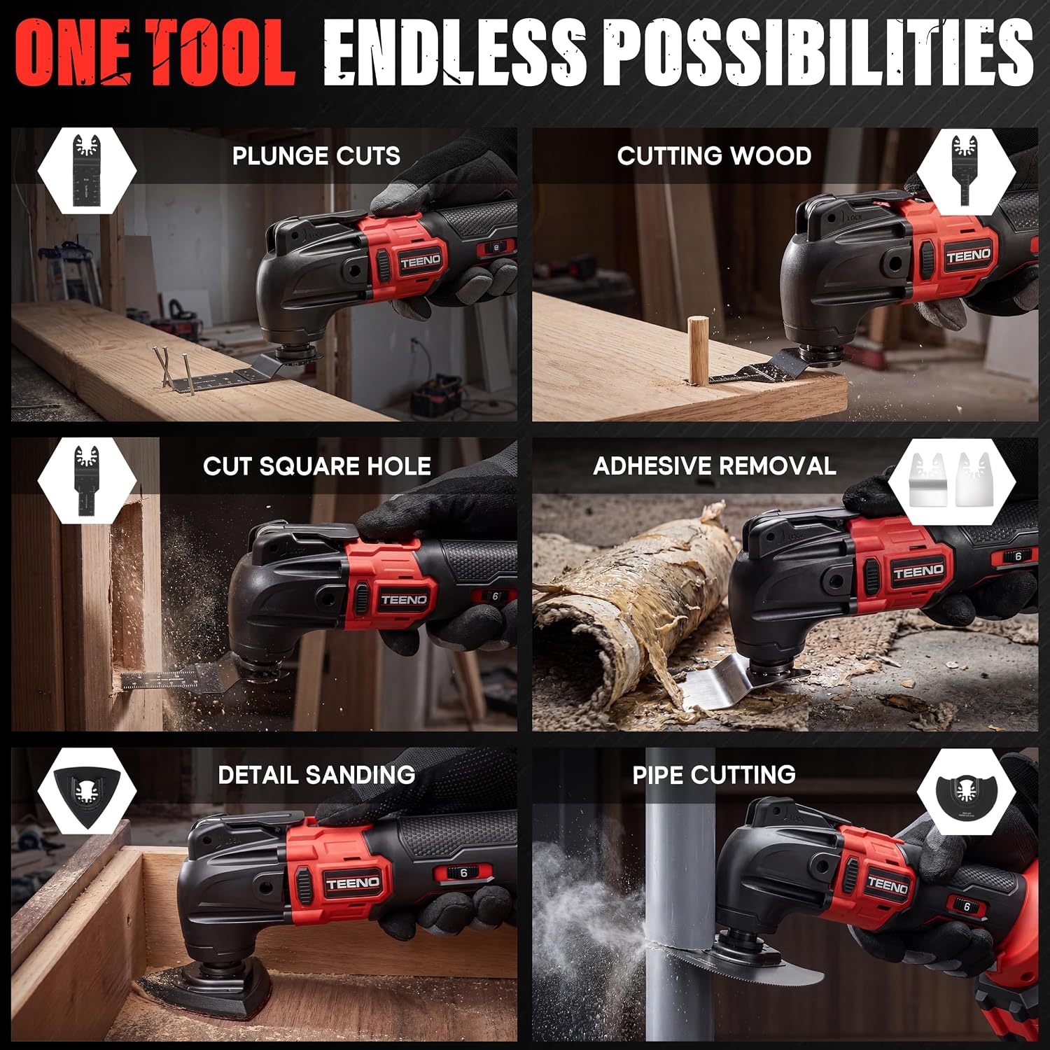 TEENO 20V Cordless Oscillating Tool, 4° Oscillation Angle Oscillating Saw, 6 Variable Speeds with Quick-Lock Change System, 26PCS Multitool Blades & Carrying Bag for DIY Projects