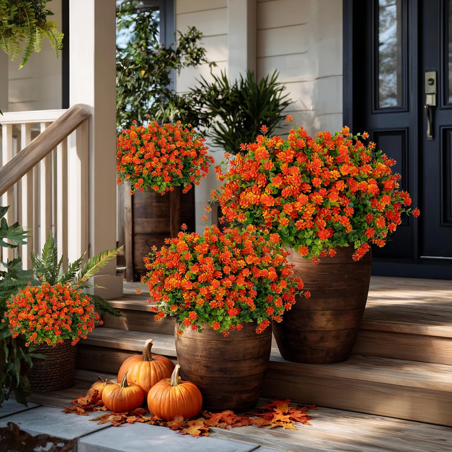 AXYLEX Artificial Mums for Outdoors, Fake Fall Flowers (Red Orange)