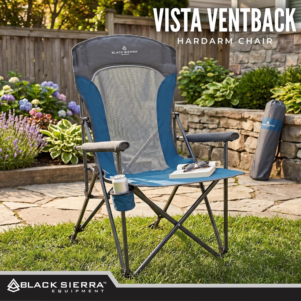 Black Sierra Ventilated Camping Chair, Breathable Mesh Back Folding Seat with Padded Armrests, Lightweight, Portable with Cup Holder & Carry Bag for Outdoors, Beach, Sports, Lawn, Picnic