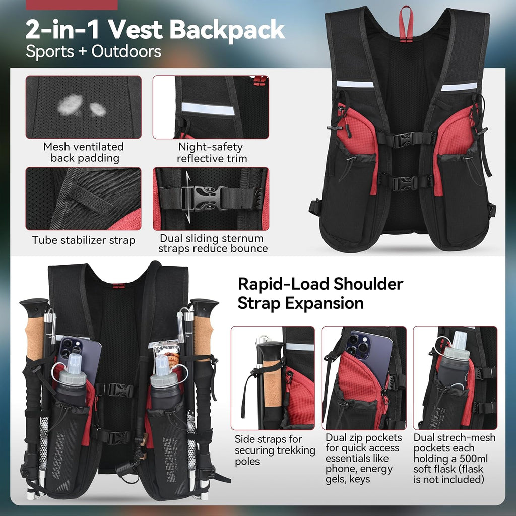 MARCHWAY Lightweight Hydration Backpack with Vest Style Straps & 2.5L TPU Water Bladder, Versatile Sleek Multi-Pocket Pack for Hiking, Cycling, Running, Backpacking, Travel