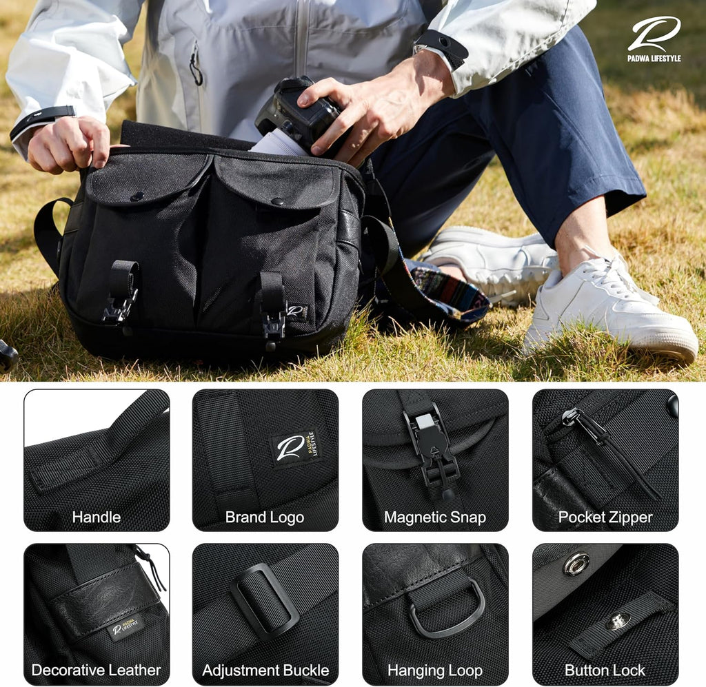 Padwa Lifestyle Black Camera Bag - Nylon Flap Camera Photography Bag with Removable Lining for Single Shoulder & Crossbody and Hand Carry,Weather Resistant Casual Camera Bag for Cameras & Drone