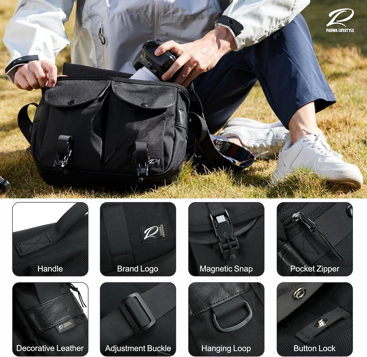 Padwa Lifestyle Black Camera Bag - Nylon Flap Camera Photography Bag with Removable Lining for Single Shoulder & Crossbody and Hand Carry,Weather Resistant Casual Camera Bag for Cameras & Drone
