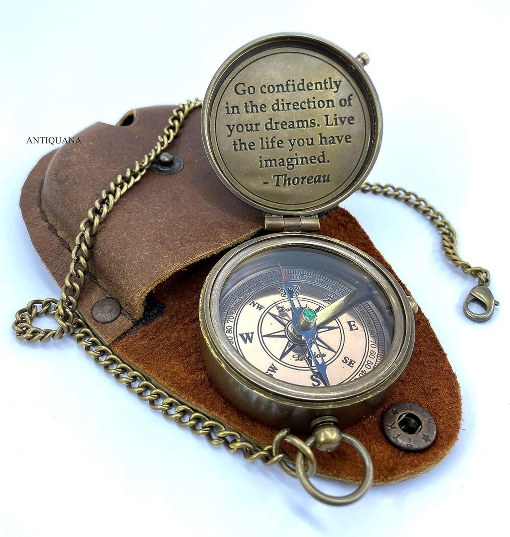 Brass Compass Unique Print Go Confidently Quote Compass With Leather Case Antique Brass Compass With Chain A Great Gift Item For Your Loved Ones Hikers And Traveler By