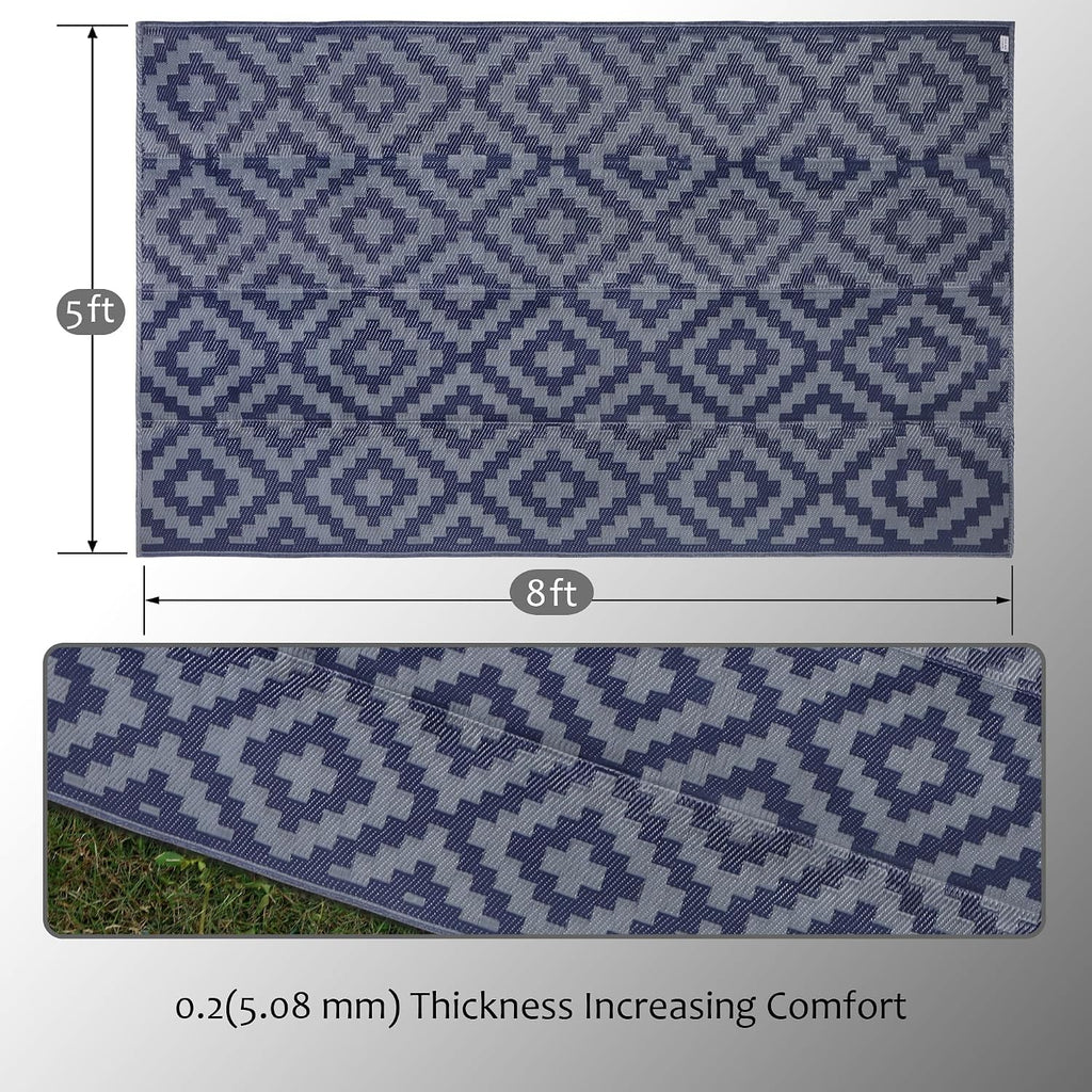 SAND MINE Reversible Mats, Plastic Straw Rug, Modern Area Rug, Large Floor Mat and Rug for Outdoors, RV, Patio, Backyard, Deck, Picnic, Beach, Trailer, Camping (5' x 8', Blue Grey Lattice)