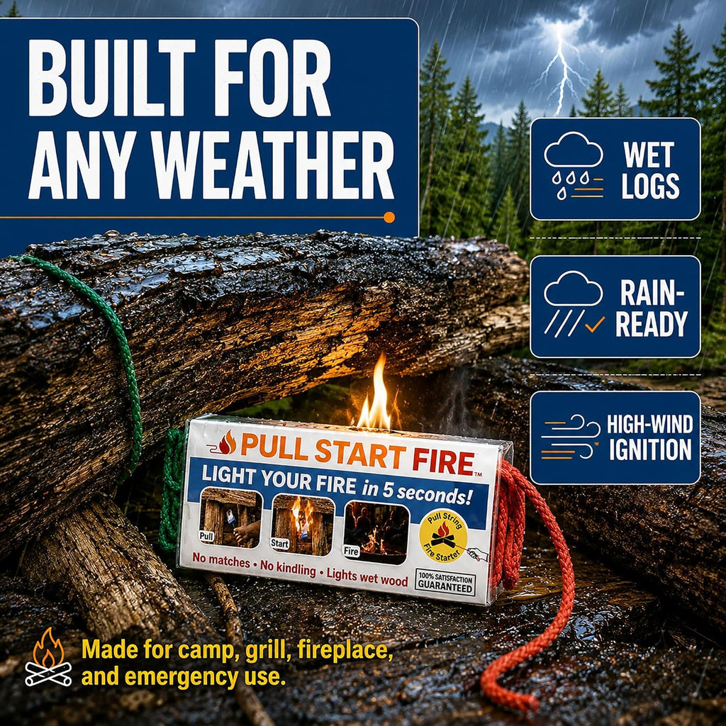 Pull Start Fire Starter, Pull String, No Matches, Lights Wet Wood, 3 Pack