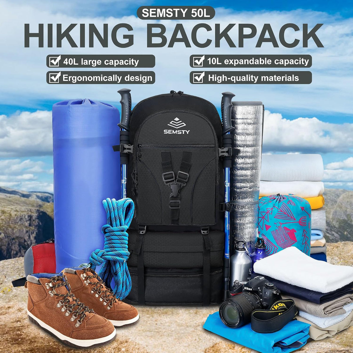 40L/50L Expandable Hiking Backpack for Men & Women，Camping Backpack