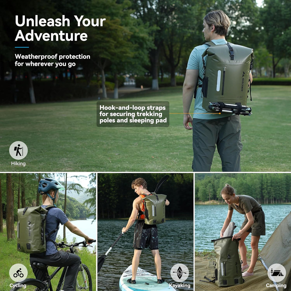 MARCHWAY Roll Top Waterproof Backpack, Floating Dry Bag 20L/30L/45L with Ergonomic Rectangular Base, Cushioned Back, Hip Strap for Hiking Camping Kayaking Travel (Army Green, 20L)