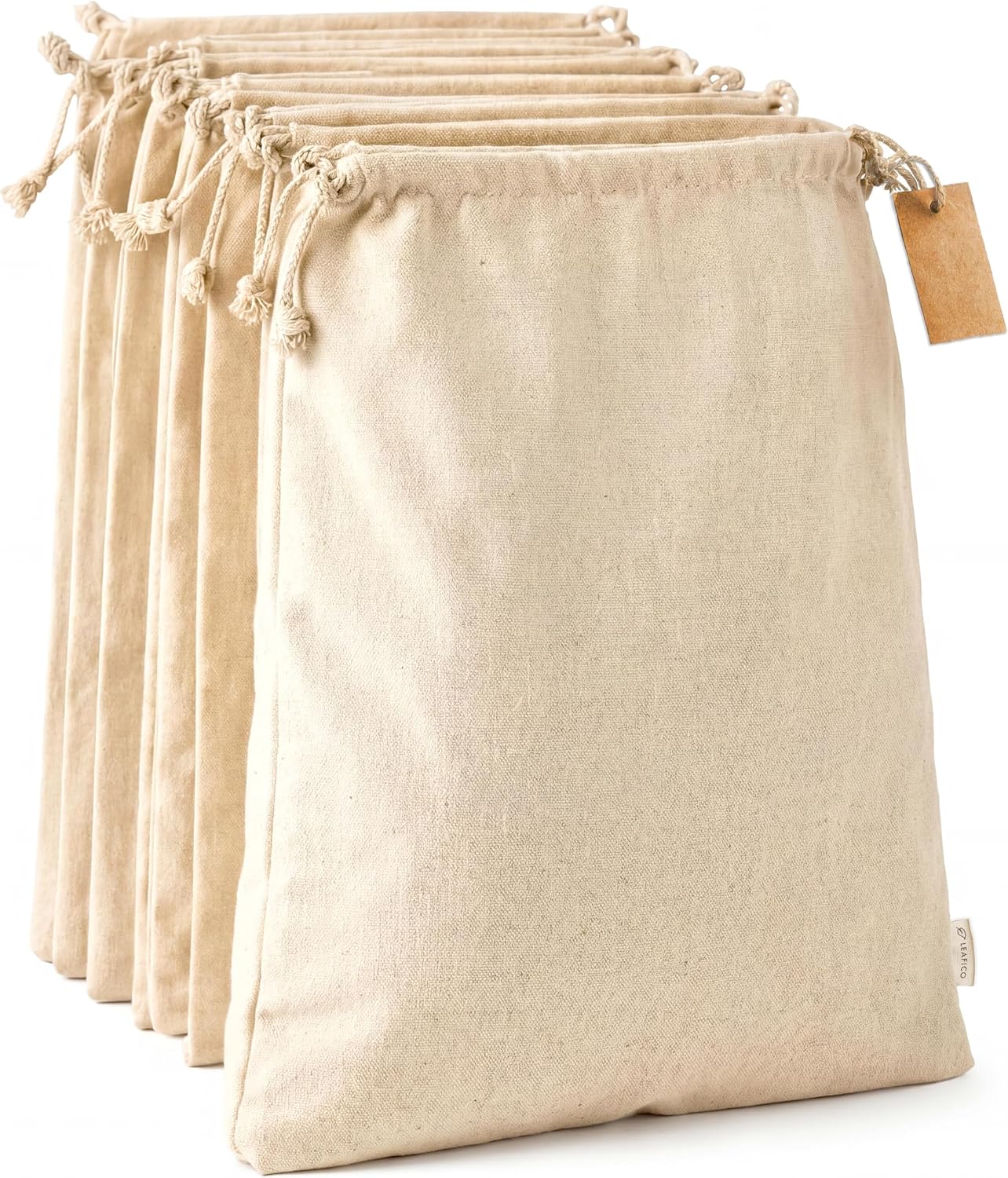 LEAFICO Muslin Cloth Bags with Drawstrings - Set of 8 (S, M, L, XL) - Reusable Natural Cotton Bags for Bulk Food Storage - Canvas Fabric Sachets