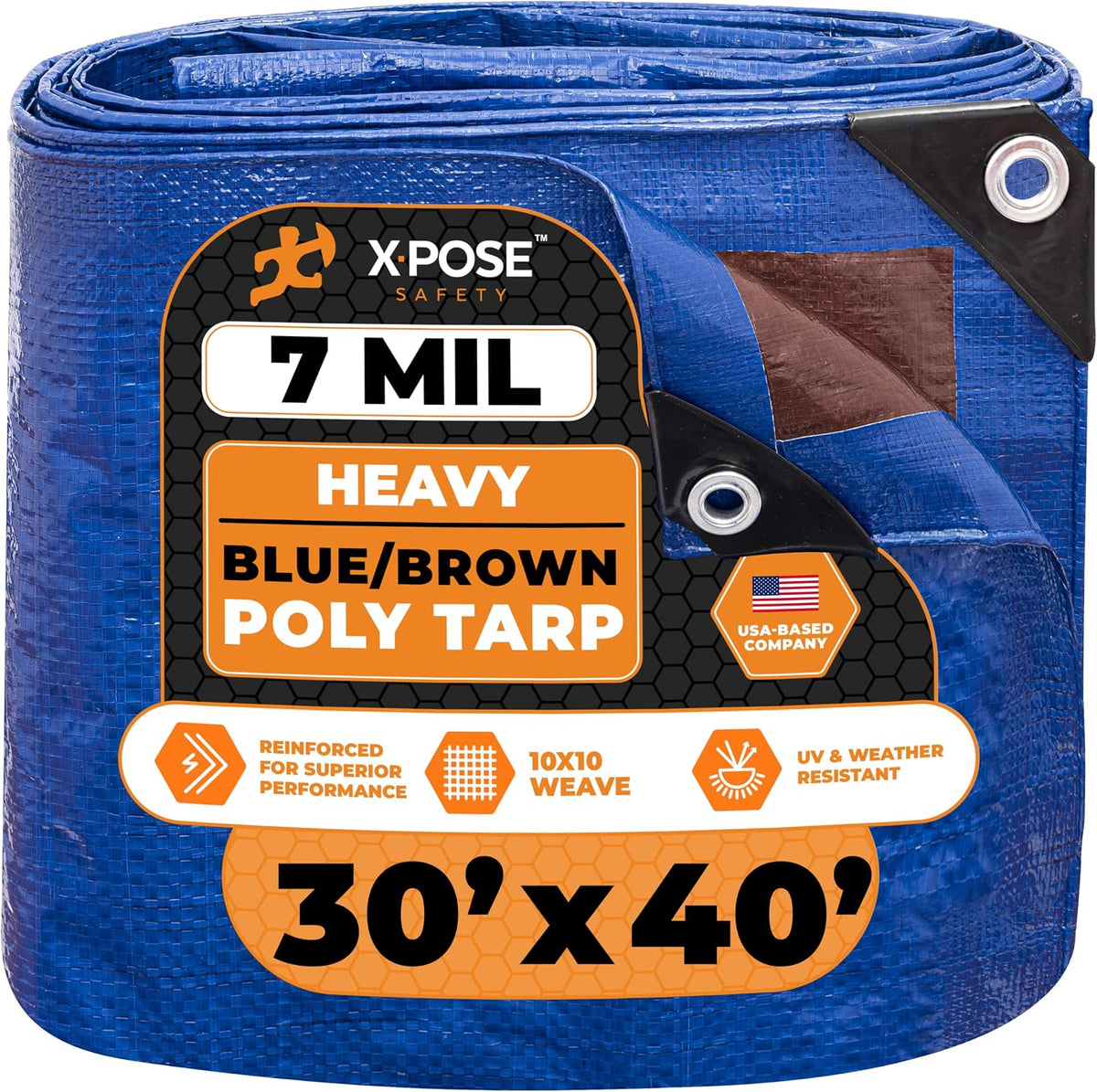 Xpose Safety 30’ x 40’ Heavy Blue/Brown Tarp - Waterproof - 7 Mil Weatherproof Camping Tarp for Tent, Rain, Wind & Sun - Plastic Tarpaulin Cover Outdoor for Roof, Trailer, RV, Car, Boat