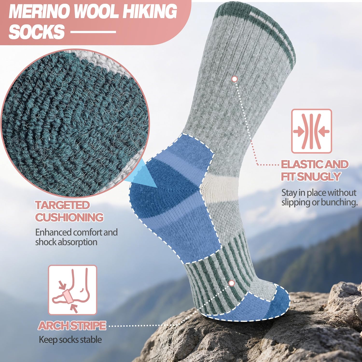 MOGGEI 5 Pairs Merino Wool Hiking Socks Warm Thermal Winter Cozy Cushioned Moisture Wicking Socks for Women & Men