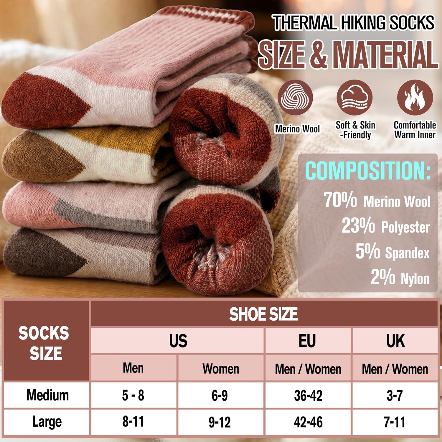 MOGGEI 5 Pairs Merino Wool Hiking Socks Warm Thermal Winter Cozy Cushioned Moisture Wicking Socks for Women & Men