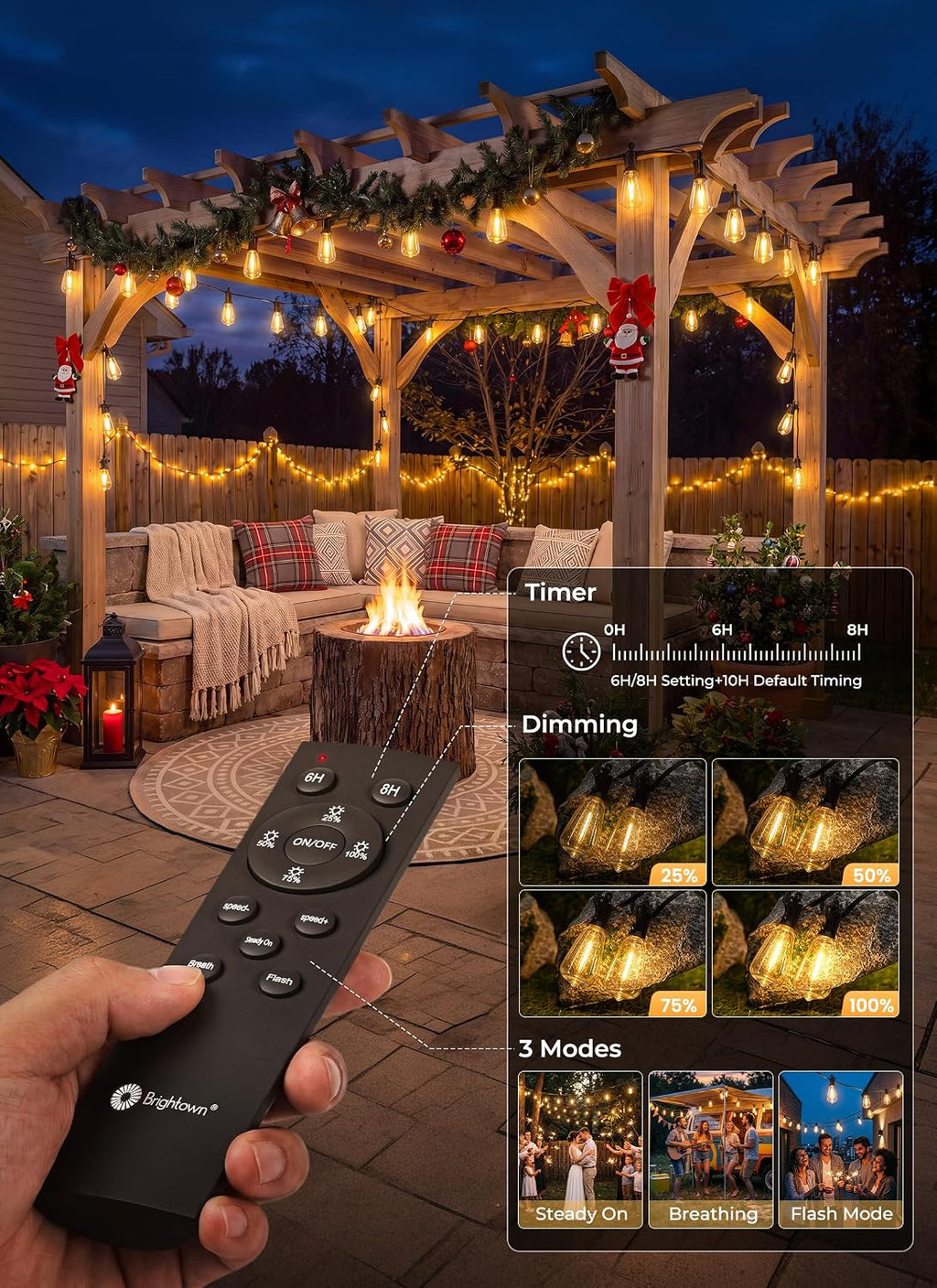 Brightown 52FT Solar String Lights Outdoor Waterproof, Up to 26Hrs Runtime