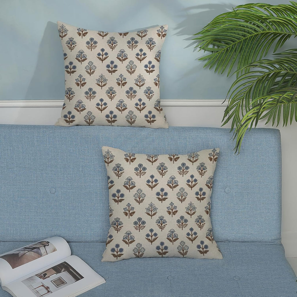 Blue Brown Pillow Covers 18x18 Inch 2 Pcs Block Print Vintage Floral Decor Throw Pillows Boho Flower Spring Summer Outdoor Seasonal Decoration Pillowcase Linen Cushion Cover for Couch Sofa
