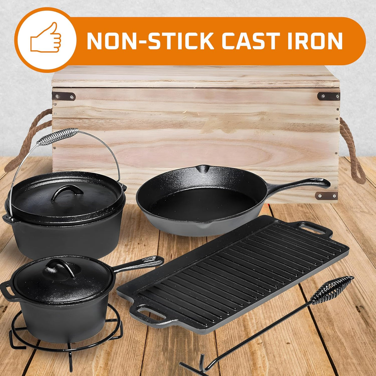 Bruntmor Camping Cooking Set Of 7. Pre Seasoned Cast Iron Pots And Pans Dutch Oven With Lids For Outdoor Comefire. Grill Cookware Skillet Sets With Storage Box
