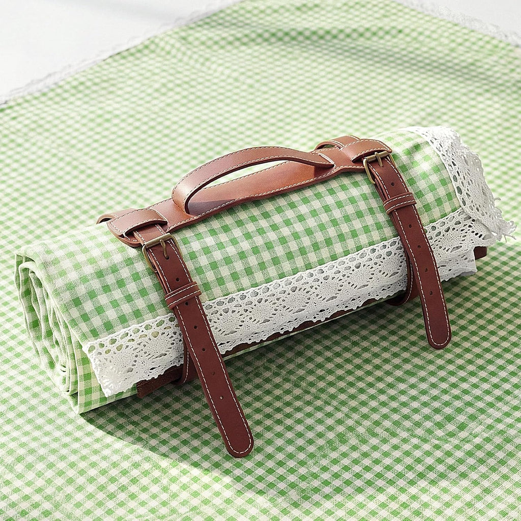 VitalCozy Gingham Picnic Blankets 59x78 in Outdoor Waterproof, Green White