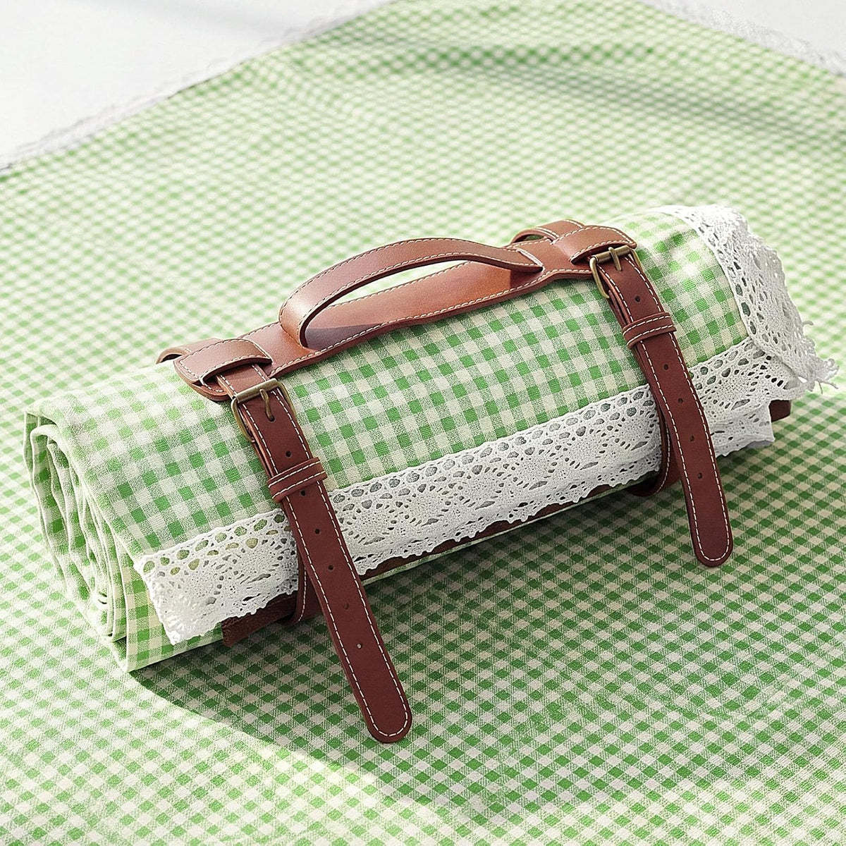 VitalCozy Gingham Picnic Blankets 59x78 in Outdoor Waterproof, Green White